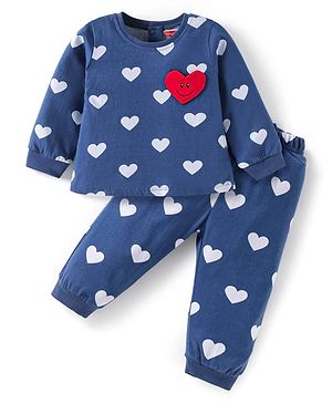 Babyhug Cotton Knit Full Sleeves Night Suit With Heart Print & Patch - Navy Blue