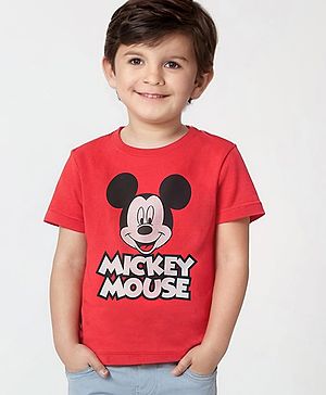 Babyhug Disney Single Jersey Half Sleeves T-Shirt with Mickey Mouse Print - Red