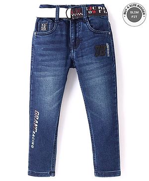 Ruff Woven Full Length Denim Jeans With Text Print - Navy Blue