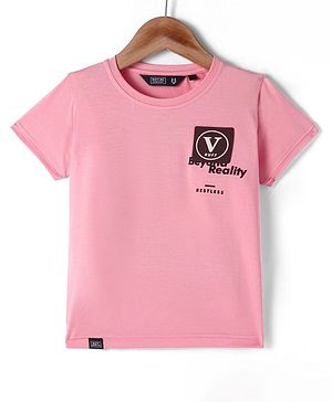 Ruff Cotton Knit Half Sleeves Text Printed T-Shirt With Patch - Pink