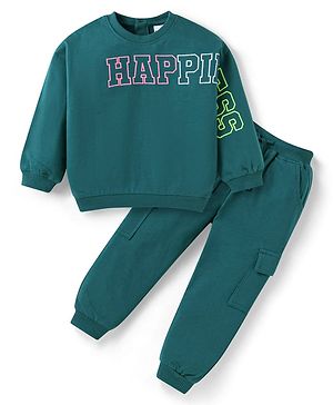 Babyhug Terry Knit Full Sleeves T-Shirt & Lounge Pants Set With Cargo Pockets & Text Print - Dark Green