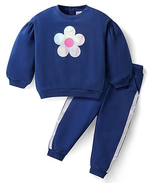 Babyhug Terry Knit Full Sleeves Top with Lounge Pant Floral Print - Navy Blue