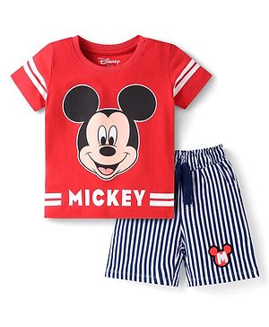 Babyhug Disney Single Jersey Knit Half Sleeves T-Shirt & Striped Shorts Set with Mickey Mouse Graphics & Tape Detailing - Red