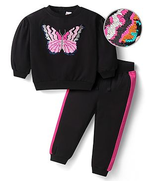 Babyhug Terry Knit Full Sleeves T-Shirt & Lounge Pants Set With Reversible Sequin Detailing - Black