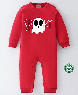 BLUSHES 100% Cotton Halloween Theme Full Sleeves Ghost & Text Printed Romper - Red