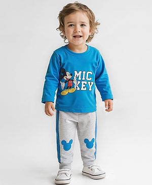 Babyhug Disney Single Jersey Knit Full Sleeves T-Shirt & Lounge Pant Set With Mickey Mouse Graphics - Blue & Grey