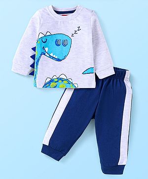 Babyhug Cotton Knit Full Sleeves Night Suit Dino Print - Navy Blue & Ecru