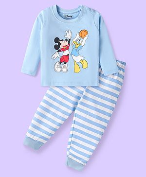 Babyhug Disney Single Jersey Knit Full Sleeve Night Suit With Mickey Mouse Print - Light Blue & White