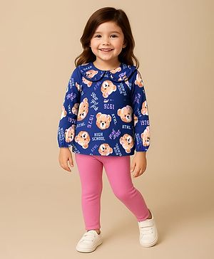 Babyhug Single Jersey Knit Full Sleeves Peter Pan Collared Teddy Printed Top & Leggings Set - Navy & Pink