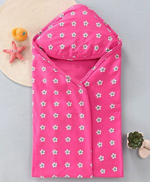Babyhug Cotton Interlock Floral Print  Hooded Wrapper L 75 x B 72.5 cm - Dark Pink