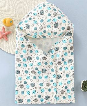 Babyhug Cotton Interlock Space Theme Print Hooded Wrapper L 73 x B 73 cm - Light Blue & White