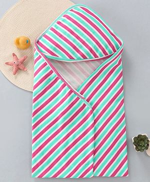 Babyhug Cotton Interlock Striped Hooded Wrapper L 75 x B 73 cm - Green & Red