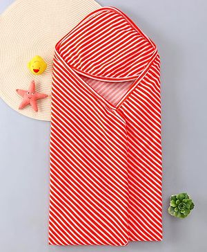 Babyhug Cotton Knit Hooded Wrapper with Stripes L 76 x B 76 cm - Red
