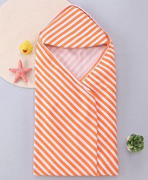 Babyhug Cotton Knit Hooded Wrapper with Stripes L  76 x B 76 cm - Orange