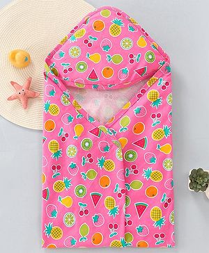 Babyhug Cotton Interlock Fruits Print  Hooded Wrapper L 76 x B 76 cm - Dark Pink