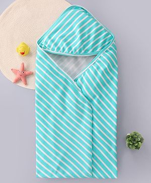 Babyhug Cotton Knit Hooded Wrapper with Stripes L 76 x B 78 cm - Aqua Blue
