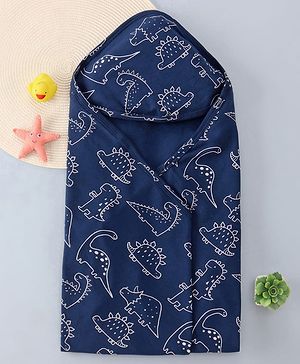 Babyhug Cotton Knit Hooded Wrapper with Dino Print L 76 x B 76 cm - Navy Blue