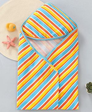 Babyhug Cotton Knit Hooded Wrapper with Stripes L 76 x B 76 cm - White