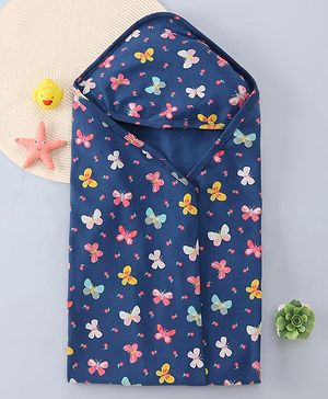 Babyhug Cotton Knit Hooded Wrapper with Butterfly Print L 76 x B 78 cm - Navy Blue