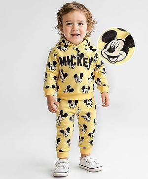 Babyhug Disney Terry Knit Full Sleeves Hooded T-Shirt & Lounge Pant Set With Mickey Mouse Graphics - Yellow