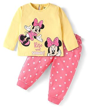 Babyhug Disney Single Jersey Knit Full Sleeves Night Suit with Minnie Mouse Graphics - Yellow & Pink