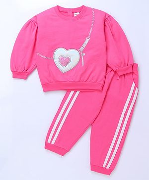 Babyhug Terry Knit Full Sleeves Heart Patch Top with Taped Joggers - Pink