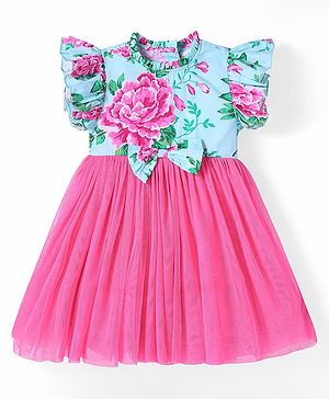 Babyhug Cotton Woven Frill Sleeves Floral Printed Frock With Bow Applique - Sea Green & Pink