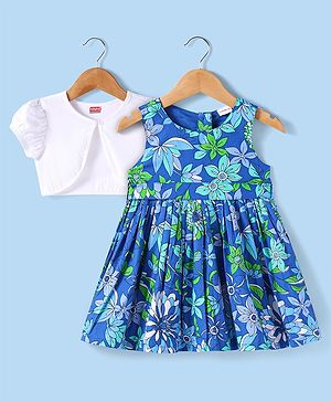 Babyhug Cotton Woven Half Puffed Sleeves Solid Colour Shrug & Floral Printed Frock - Blue