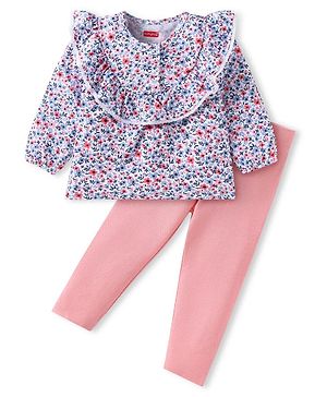 Babyhug Single Jersey Full Sleeves Frill Detailing Floral Print Top with Legging - Blue & Pink