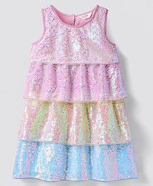 Primo Gino Sleeveless Sequin Embellished Layered Party Wear Dress - Pink Blue & Green