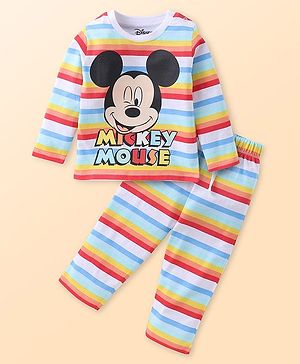 Babyhug Disney Cotton Knit Full Sleeves Striped Night Suit With Mickey Mouse Graphics - Red