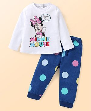 Babyhug Disney Single Jersey Knit Full Sleeves Night Suit with Minnie Mouse Graphics- White & Navy