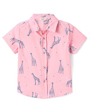 Bonfino 100% Cotton Woven Half Sleeves Shirt Giraffe Print- Pink