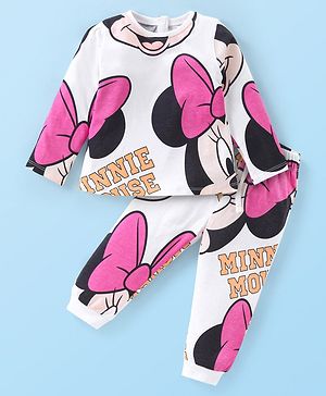 Babyhug Disney Cotton Knit Full Sleeves Night Suit With Minnie Mouse Print - White & Pink