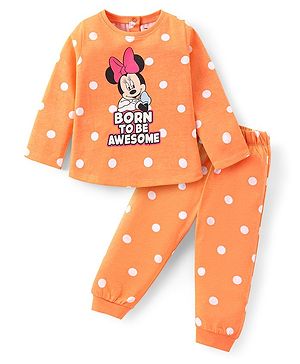 Babyhug Disney Single Jersey Knit Full Sleeves Night Suit With Minnie Mouse Graphics - Orange