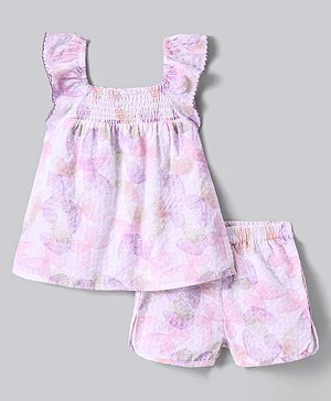 Bonfino Sleeveless Butterflies Printed & Smocking Detailed Top & Shorts Co-Ord Set - Light Pink