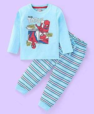 Babyhug Marvel Single Jersey Knit Full Sleeves Night Suit with Spider Man Graphics- Aqua