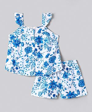 Bonfino Viscose Woven Sleeveless Front Open Top & Shorts Co-Ord Set With Floral Print - Blue