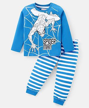 Babyhug Marvel Cotton Knit Full Sleeves Striped Night Suit With Spider Man Graphics - Royal Blue