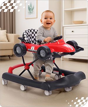 Babyhug F1 Little Racer Foldable Activity Walker with Adjustable Height|Music & Lights|Steering Wheel with Comfy Seat & Push Handle - Red