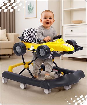 Babyhug F1 Little Racer Foldable Activity Walker with Adjustable Height|Music & Lights|Steering Wheel with Comfy Seat & Push Handle -  Yellow