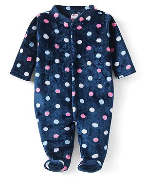 Babyhug Velour Knit Full Sleeves Winter Wear Sleep Suit With Polka Dots Print - Navy Blue