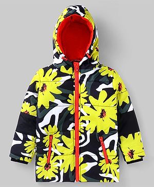 Ollington St. Full Sleeves Padded Hooded Jacket with Quilted Design & Floral Print - Black & Yellow