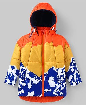 Ollington St. Full Sleeves Padded Hooded Jacket with Quilted Design & Color Block Design - Blue Red & Yellow