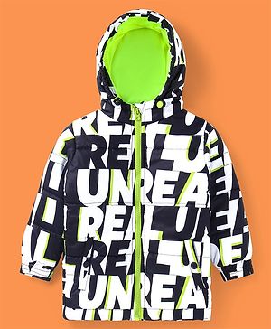 Ollington St. Full Sleeves Padded Hooded Jacket with Quilted Design & Text Print - Black White & Green