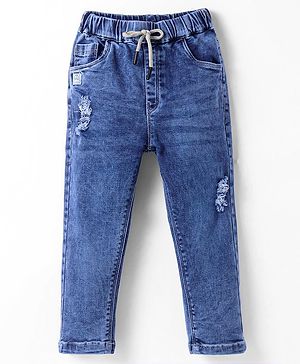 Olio Kids Woven Full Length Solid Distressed Denim Jeans - Blue