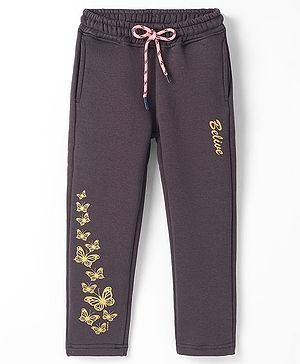 Olio Kids Knit Full Length Butterfly Printed Fleece & Woollen Bottom - Charcoal Grey