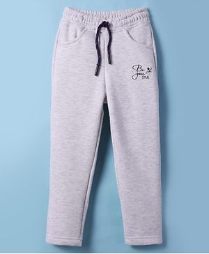 Olio Kids Full Length Fleece & Woollen Pants With Text Print - Light Grey