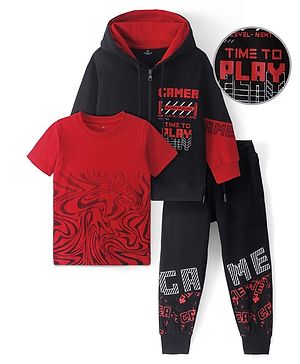 Ollington St. 100% Cotton Knit Full Sleeves Front Zipper Sweatjacket with T-Shirt & Joggers Set  Text  Print - Black