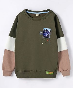 Olio Kids Lycra Knitted Full Sleeves Cut & Sew Designed Sweatshirt With Text Print - Olive Green